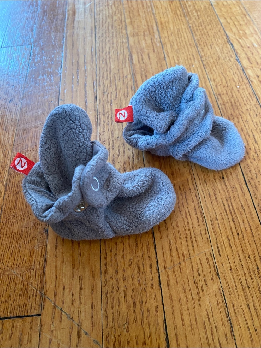 Zutano Gray Plush Baby Booties with Red Logo Tab